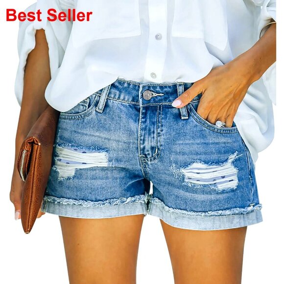 Pants - Stretch Denim Jean Shorts with Button Pockets for Summer